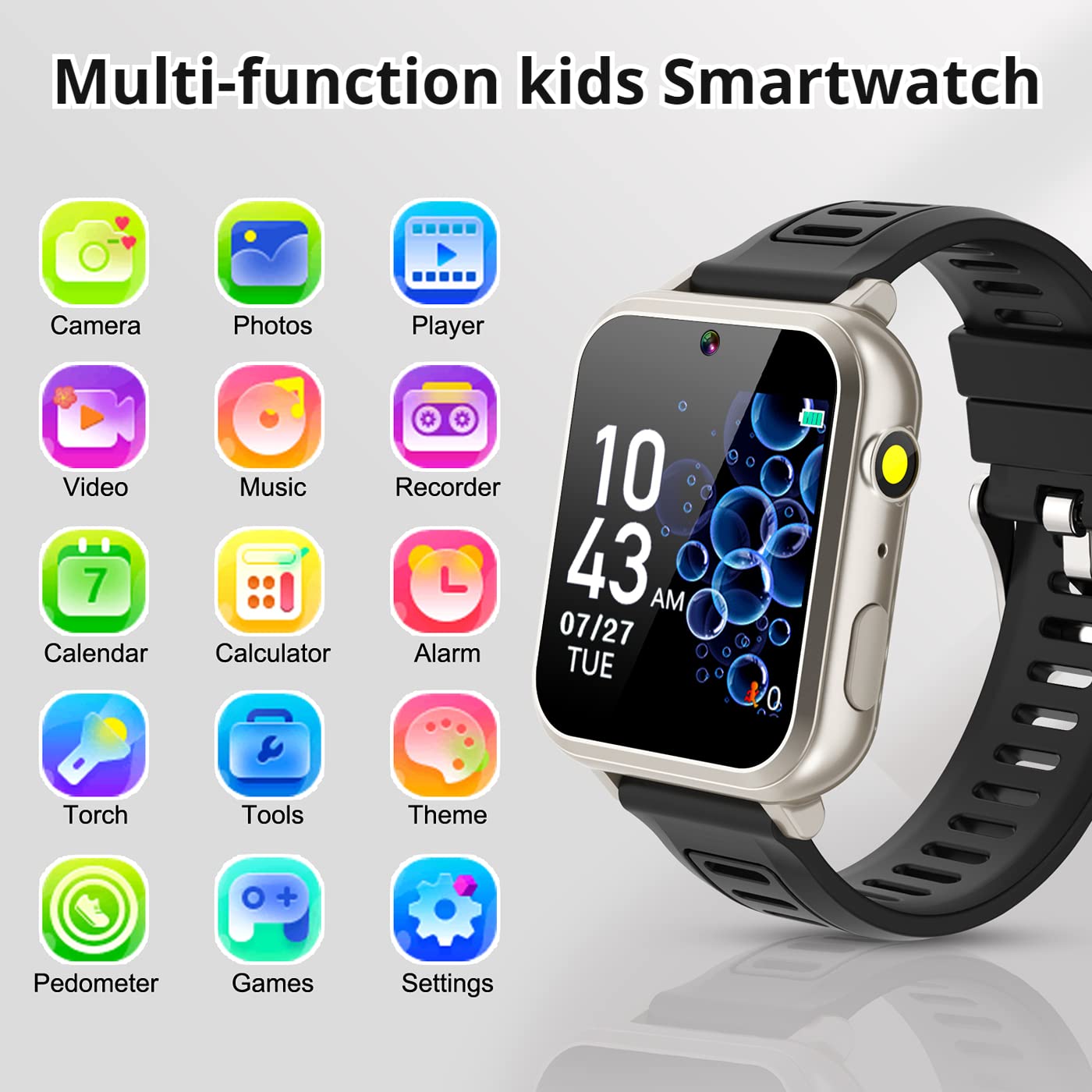 Kids Smart Watch Boys With 24 Puzzle Games Hd Touch Screen Camera Music Player Pedometer Alarm Clock Calculator Flashlight 12/24